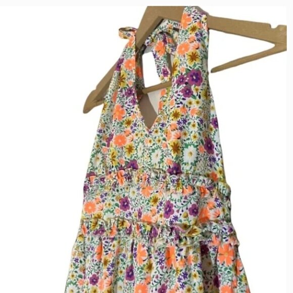 Boohoo Cream Purple Ditzy Floral Print Y2K style Halter neck Skater Mini Dress - Picture 6 of 8